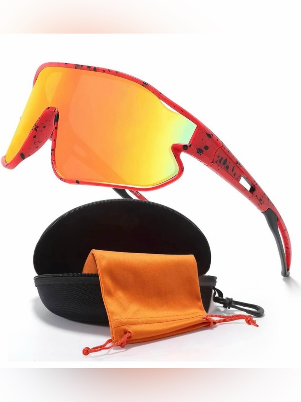 Red Speckled Shield Sunglasses with Orange Mirrored Lens